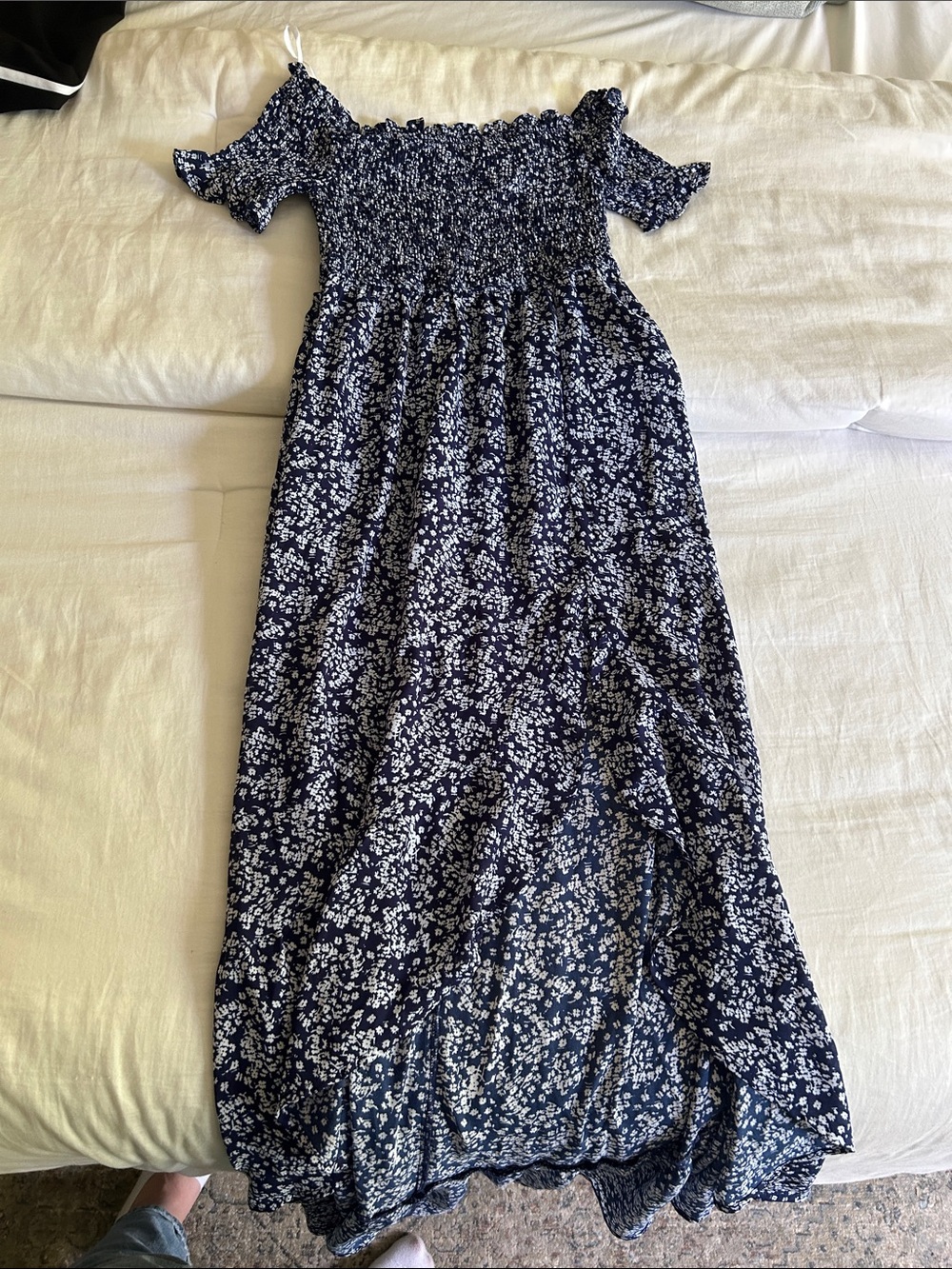 Navy Blue Floral Off-Shoulder Maxi Dress
